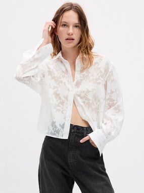 GAP Size S Sheer Floral Cropped Button-Down Collared Shirt - White